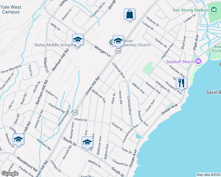 map of restaurants, bars, coffee shops, grocery stores, and more near 100 Magnolia Avenue in West Haven
