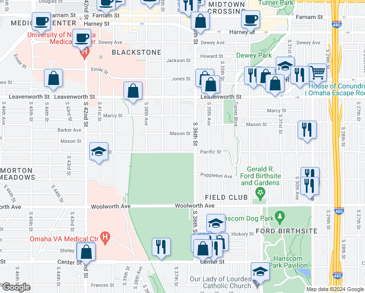 map of restaurants, bars, coffee shops, grocery stores, and more near 3620 Pacific Street in Omaha