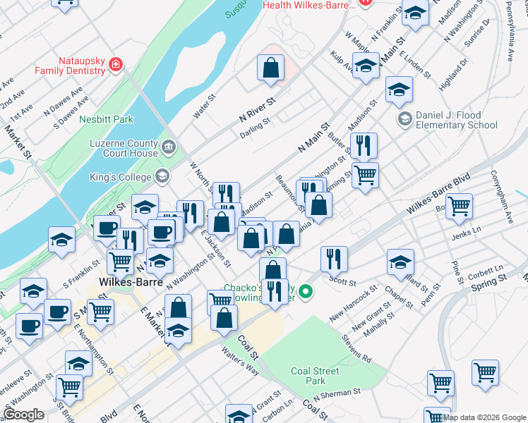 map of restaurants, bars, coffee shops, grocery stores, and more near 34 Wyoming Street in Wilkes-Barre