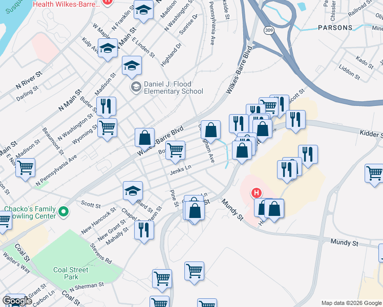 map of restaurants, bars, coffee shops, grocery stores, and more near 297 Kidder Street in Wilkes-Barre