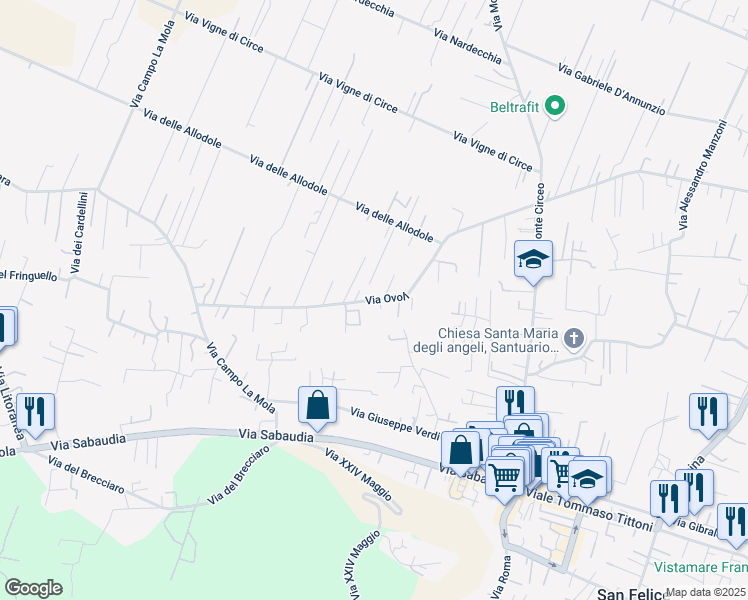 map of restaurants, bars, coffee shops, grocery stores, and more near Via Ovoli in San Felice Circeo