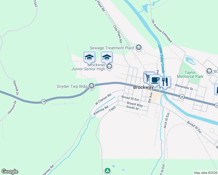 map of restaurants, bars, coffee shops, grocery stores, and more near 90 Main Street in Brockway