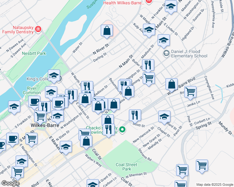 map of restaurants, bars, coffee shops, grocery stores, and more near 27 Wyoming Street in Wilkes-Barre