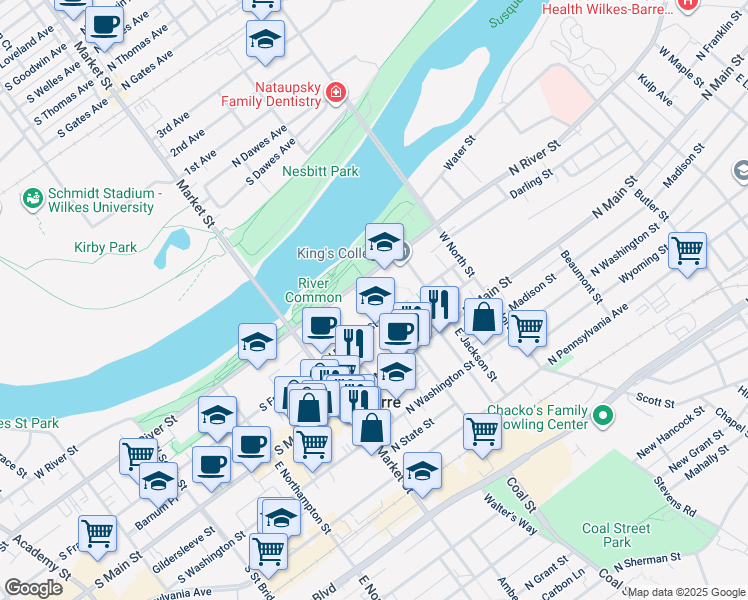 map of restaurants, bars, coffee shops, grocery stores, and more near 88 North Franklin Street in Wilkes-Barre