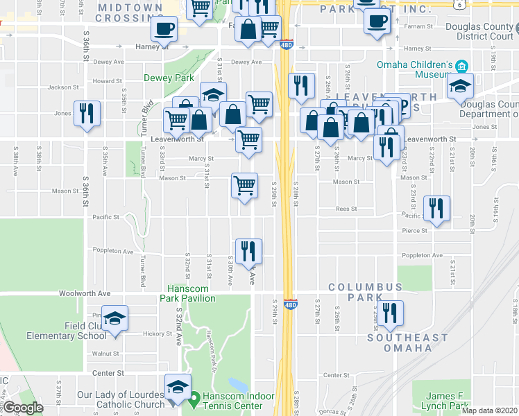 map of restaurants, bars, coffee shops, grocery stores, and more near 1106 South 29th Street in Omaha