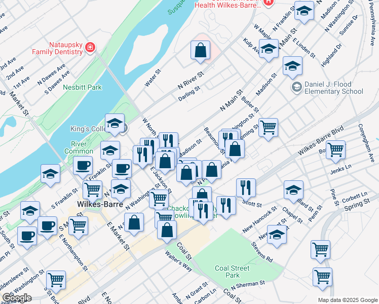 map of restaurants, bars, coffee shops, grocery stores, and more near 34 Wyoming Street in Wilkes-Barre