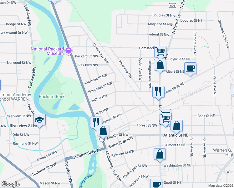 map of restaurants, bars, coffee shops, grocery stores, and more near 1329 Vernon Avenue Northwest in Warren