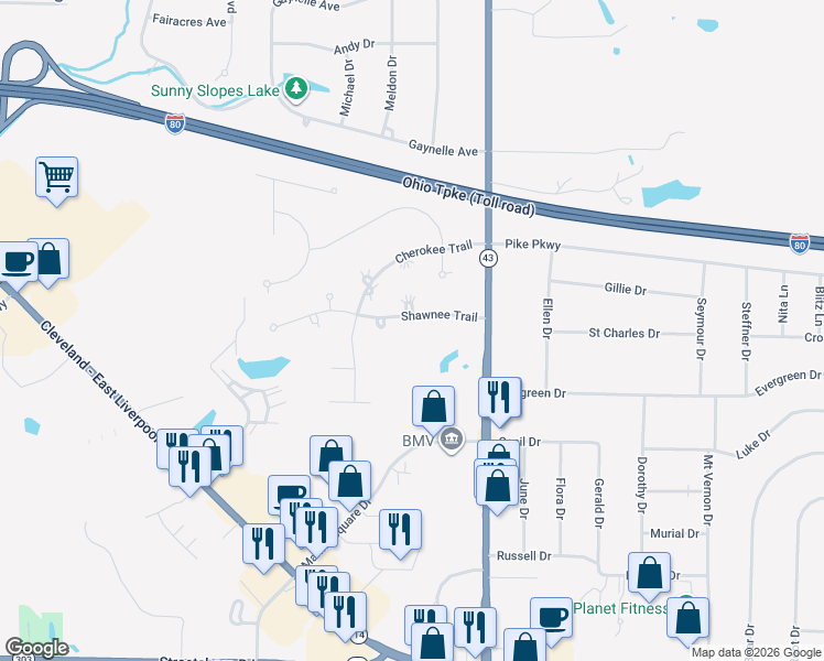 map of restaurants, bars, coffee shops, grocery stores, and more near 9411 Ohio 43 in Streetsboro