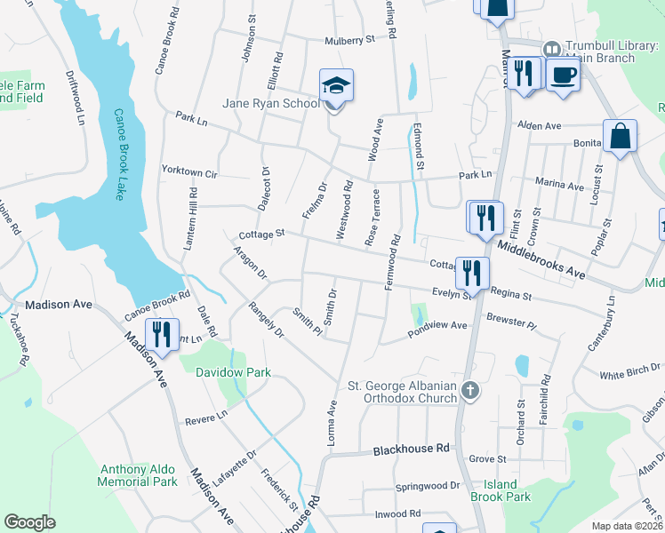 map of restaurants, bars, coffee shops, grocery stores, and more near 109 Evelyn Street in Trumbull