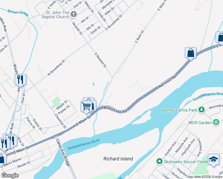 map of restaurants, bars, coffee shops, grocery stores, and more near 830 East Main Street in Larksville