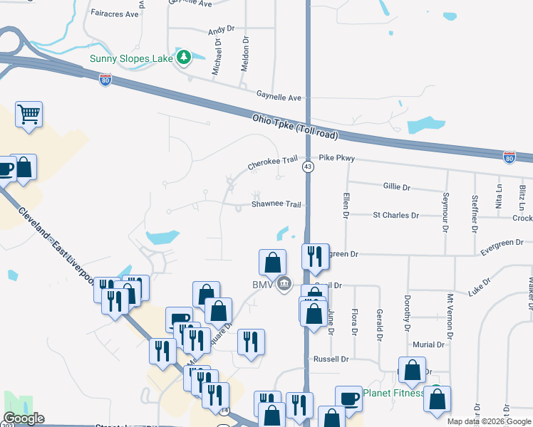 map of restaurants, bars, coffee shops, grocery stores, and more near 9411 Ohio 43 in Streetsboro