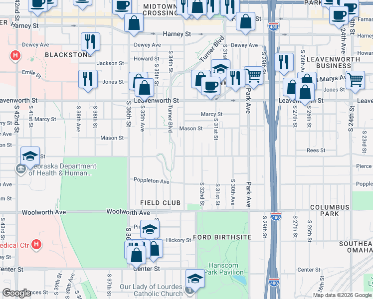 map of restaurants, bars, coffee shops, grocery stores, and more near 3221 Pacific Street in Omaha