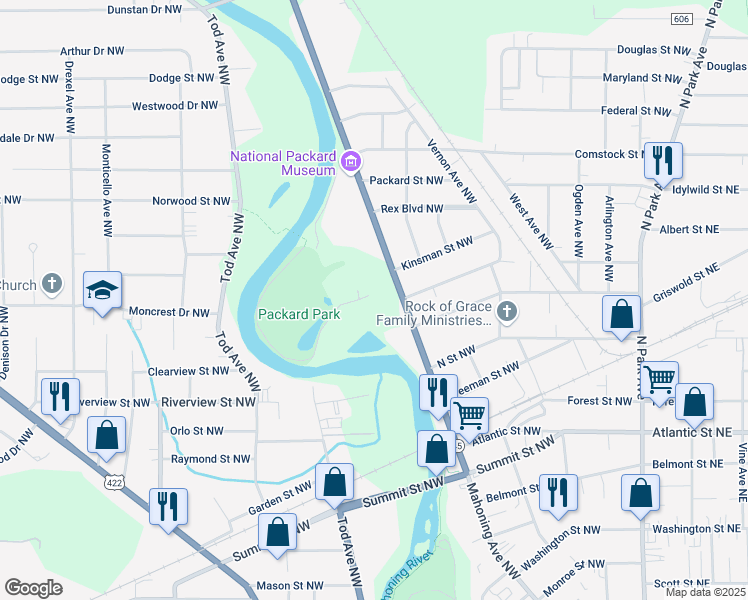 map of restaurants, bars, coffee shops, grocery stores, and more near 391 Mahoning Avenue Northwest in Warren