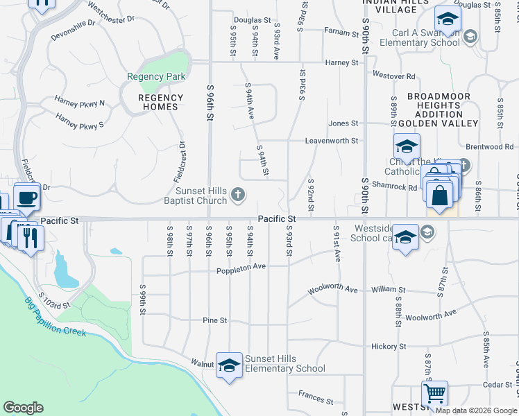 map of restaurants, bars, coffee shops, grocery stores, and more near 1012 South 93rd Court in Omaha