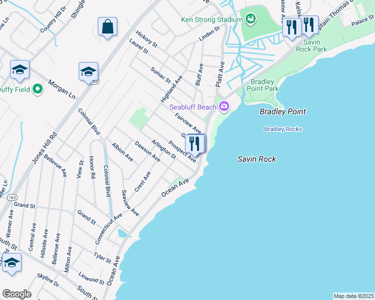 map of restaurants, bars, coffee shops, grocery stores, and more near 33 Grove Place in West Haven