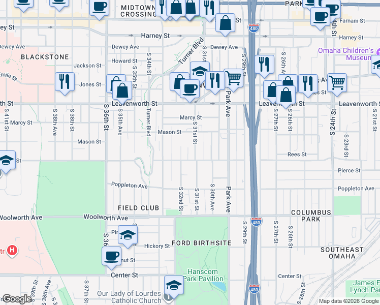 map of restaurants, bars, coffee shops, grocery stores, and more near 1036 South 31st Street in Omaha