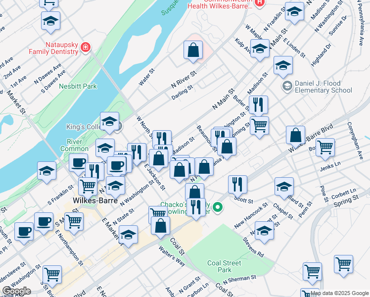 map of restaurants, bars, coffee shops, grocery stores, and more near 70 Madison Street in Wilkes-Barre