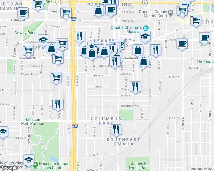 map of restaurants, bars, coffee shops, grocery stores, and more near 1011 South 25th Avenue in Omaha