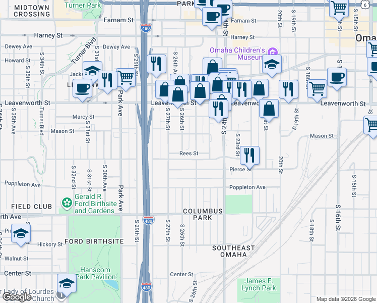 map of restaurants, bars, coffee shops, grocery stores, and more near 1007 South 26th Street in Omaha