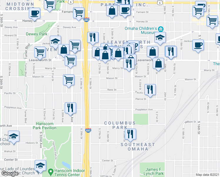 map of restaurants, bars, coffee shops, grocery stores, and more near 1007 South 26th Street in Omaha
