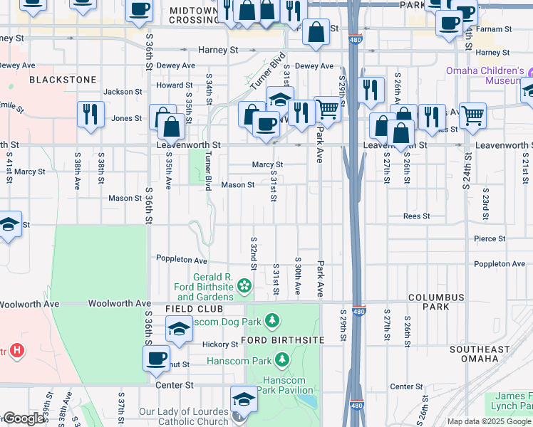 map of restaurants, bars, coffee shops, grocery stores, and more near 1016-1/2 South 31st Avenue in Omaha