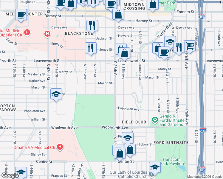 map of restaurants, bars, coffee shops, grocery stores, and more near 3620 Mason Street in Omaha