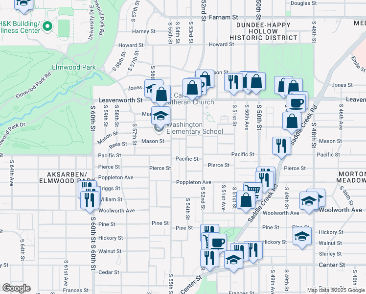 map of restaurants, bars, coffee shops, grocery stores, and more near 938 South 54th Street in Omaha