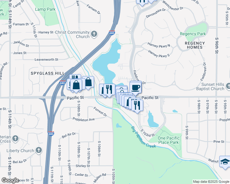 map of restaurants, bars, coffee shops, grocery stores, and more near 10345 Fieldcrest Court in Omaha