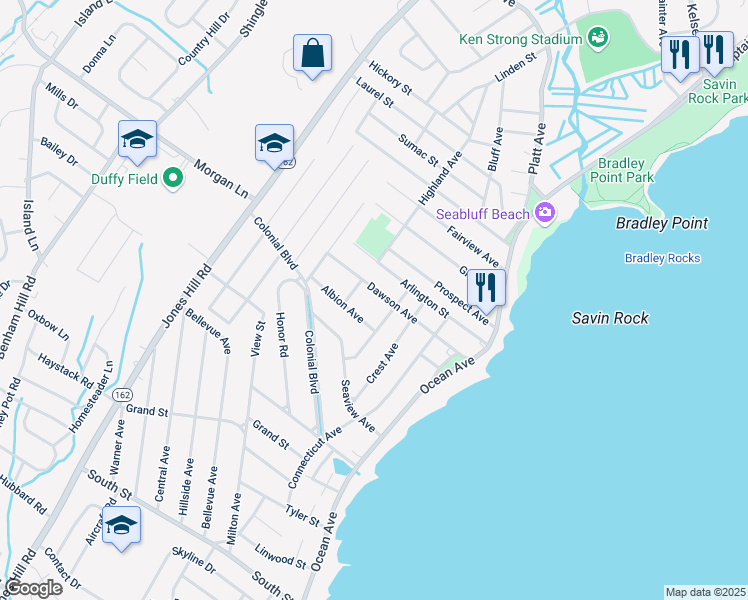 map of restaurants, bars, coffee shops, grocery stores, and more near 155 Dawson Avenue in West Haven