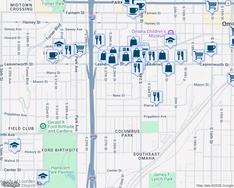 map of restaurants, bars, coffee shops, grocery stores, and more near 1007 South 26th Street in Omaha