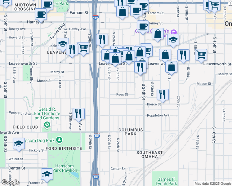 map of restaurants, bars, coffee shops, grocery stores, and more near 1007 South 26th Street in Omaha