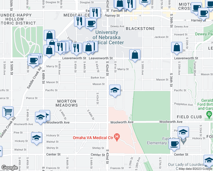 map of restaurants, bars, coffee shops, grocery stores, and more near 4201 Mason Street in Omaha