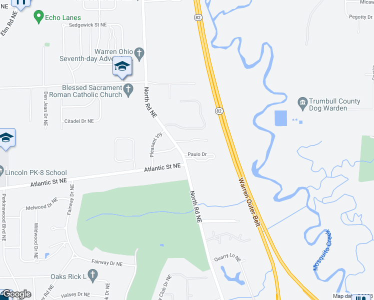 map of restaurants, bars, coffee shops, grocery stores, and more near 1192 North Road Northeast in Warren
