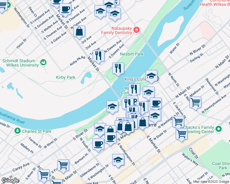 map of restaurants, bars, coffee shops, grocery stores, and more near Market Street Bridge in Wilkes-Barre