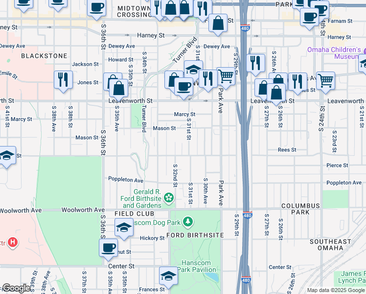 map of restaurants, bars, coffee shops, grocery stores, and more near 1036 South 31st Street in Omaha