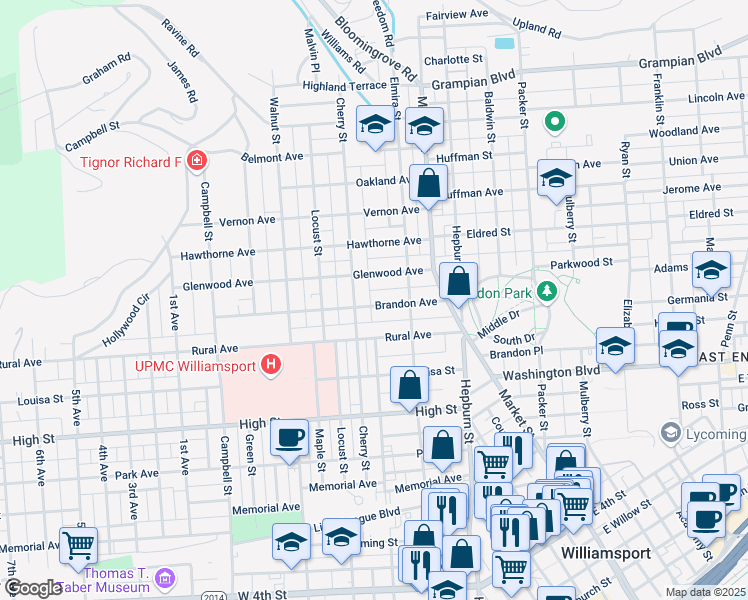 map of restaurants, bars, coffee shops, grocery stores, and more near 428 Brandon Avenue in Williamsport