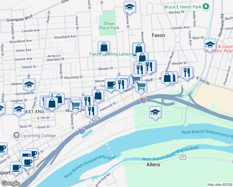 map of restaurants, bars, coffee shops, grocery stores, and more near 1047-1099 Brandon Place in Williamsport