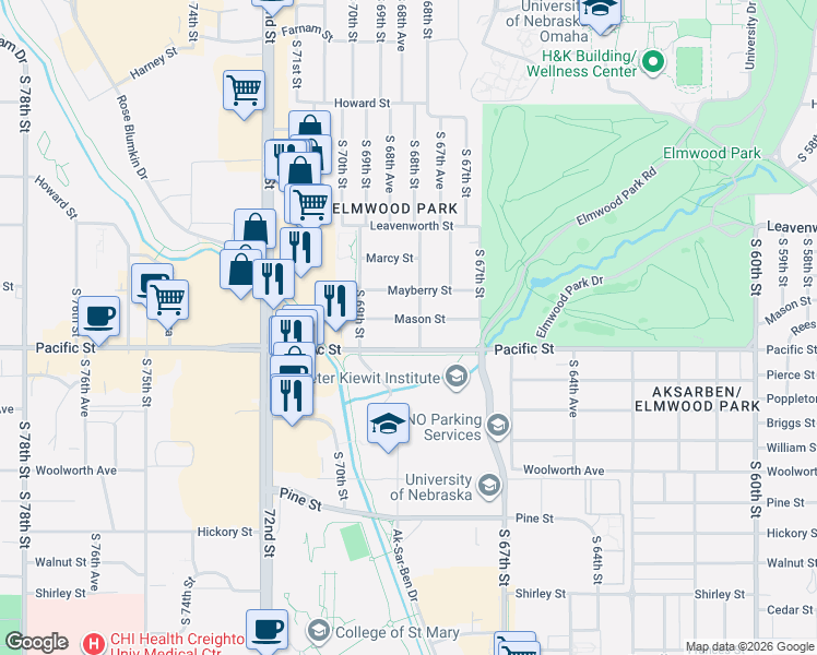 map of restaurants, bars, coffee shops, grocery stores, and more near 6802 Mason Street in Omaha