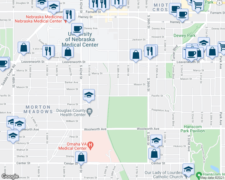 map of restaurants, bars, coffee shops, grocery stores, and more near 3863 Mason Street in Omaha