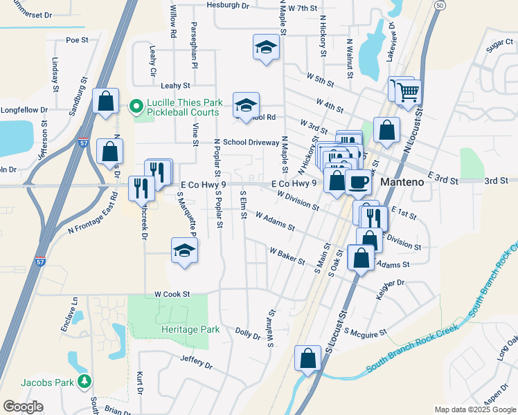 map of restaurants, bars, coffee shops, grocery stores, and more near 346 West Division Street in Manteno