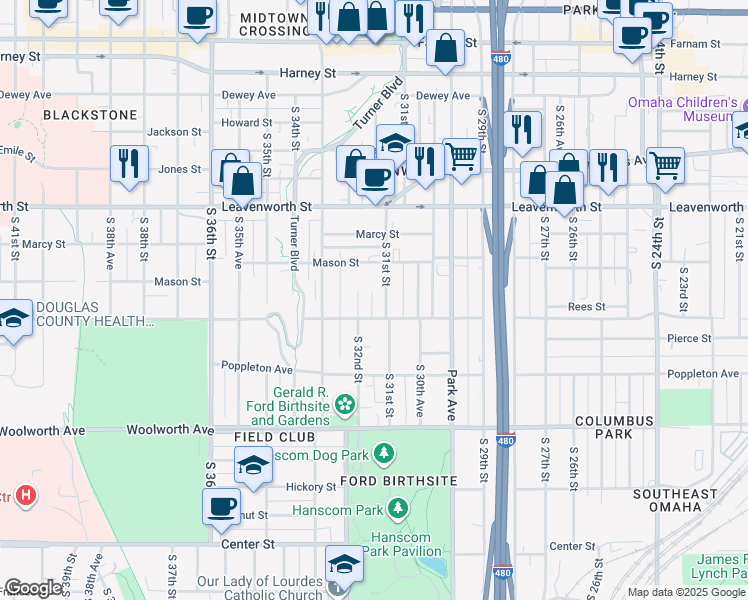 map of restaurants, bars, coffee shops, grocery stores, and more near 1016-1/2 South 31st Avenue in Omaha