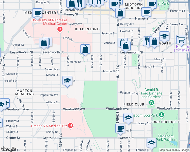 map of restaurants, bars, coffee shops, grocery stores, and more near 937 South 38th Avenue in Omaha