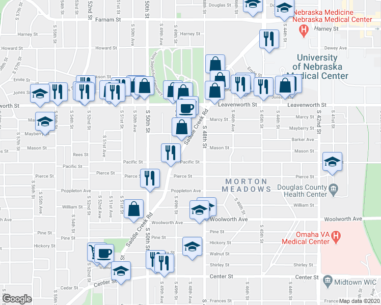 map of restaurants, bars, coffee shops, grocery stores, and more near 951 South Saddle Creek Road in Omaha