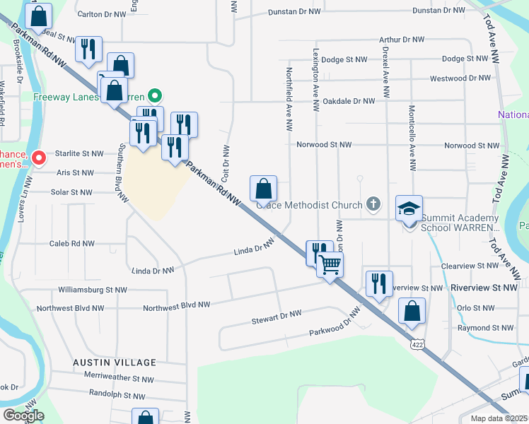 map of restaurants, bars, coffee shops, grocery stores, and more near 2186 Parkman Road Northwest in Warren
