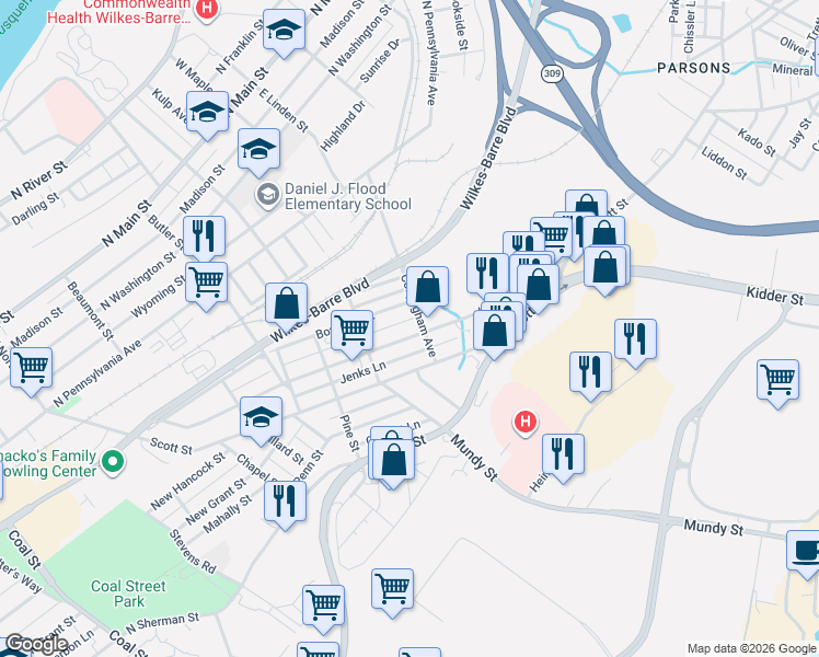 map of restaurants, bars, coffee shops, grocery stores, and more near 287 Bowman St in Wilkes-Barre