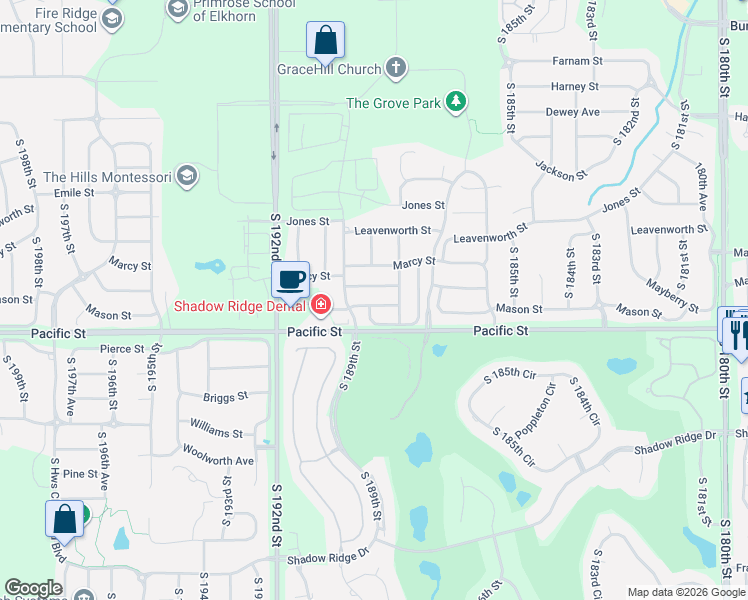 map of restaurants, bars, coffee shops, grocery stores, and more near 18882 Mayberry Plaza in Omaha