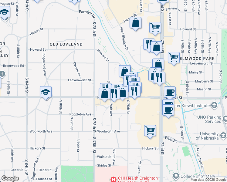 map of restaurants, bars, coffee shops, grocery stores, and more near 908 South 76th Street in Omaha