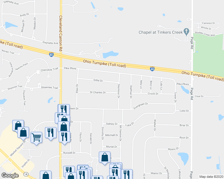 map of restaurants, bars, coffee shops, grocery stores, and more near 1545 Saint Charles Drive in Streetsboro
