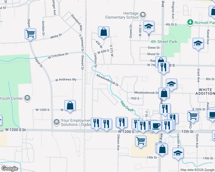 map of restaurants, bars, coffee shops, grocery stores, and more near 171 South Century Drive in Ogden