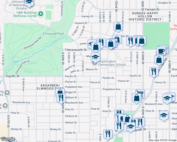 map of restaurants, bars, coffee shops, grocery stores, and more near 5548 Mason Street in Omaha